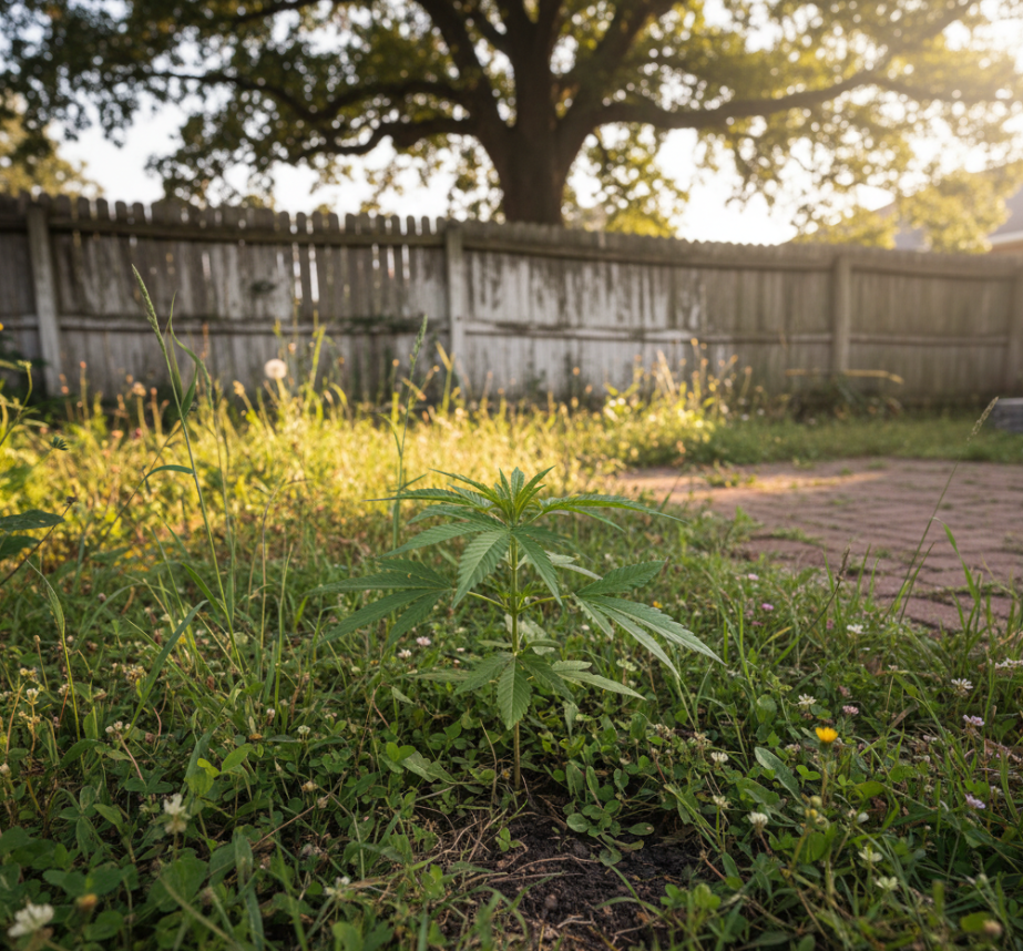 Vibrant cannabis plant entering early flowering phase with developing bud sites