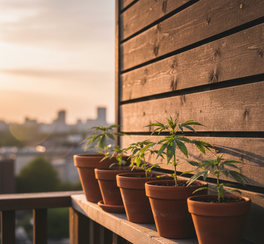 Healthy cannabis seedling with first true leaves emerging from growing medium